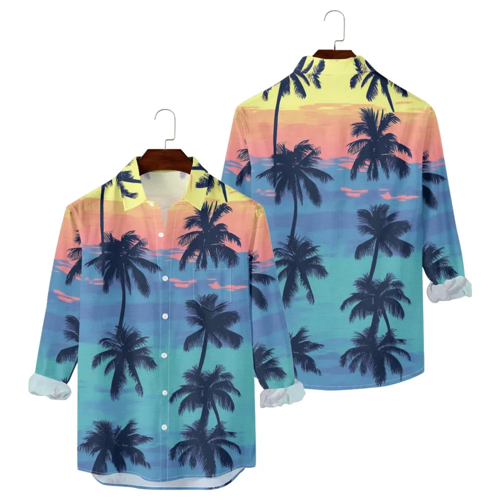 Hawaiian Button Up Shirts Black White Stripe Palm Tree Printed Full Sleeve Streetwear Casual Men Summer Vacay Beach Parties