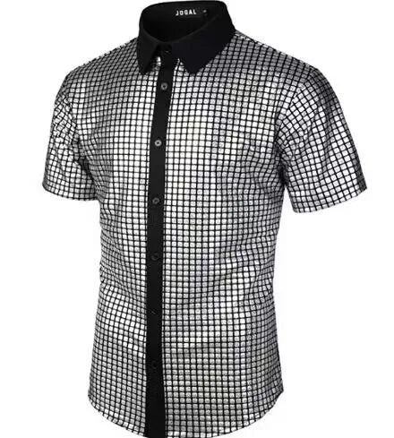 Men's Shiny Shirts Short Sleeve Shirts Nightclub Prom Disco Party Costume Button Blouse Casual Retro Cosplay Shirts Tops for Men