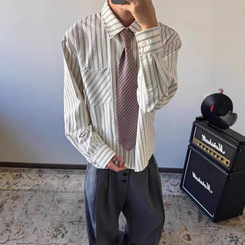 Striped Shirt Men's Spring and Autumn High-end Right Shoulder Long-sleeved Shirt Cleanfit Sun Protection Jacket