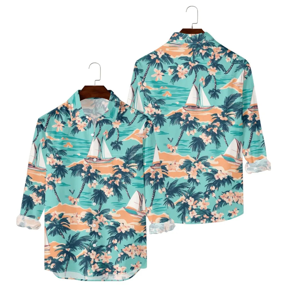 Hawaiian Button Up Shirts Black White Stripe Palm Tree Printed Full Sleeve Streetwear Casual Men Summer Vacay Beach Parties