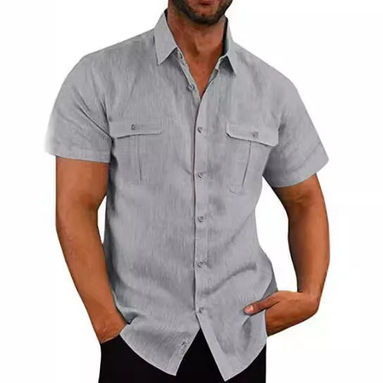 Shirts for Men Handmade Shirt Man Double Pocket Shirt Short Sleeve Men Shirt Linen Shirts for Men Men Cotton Shirt Short Sleeve