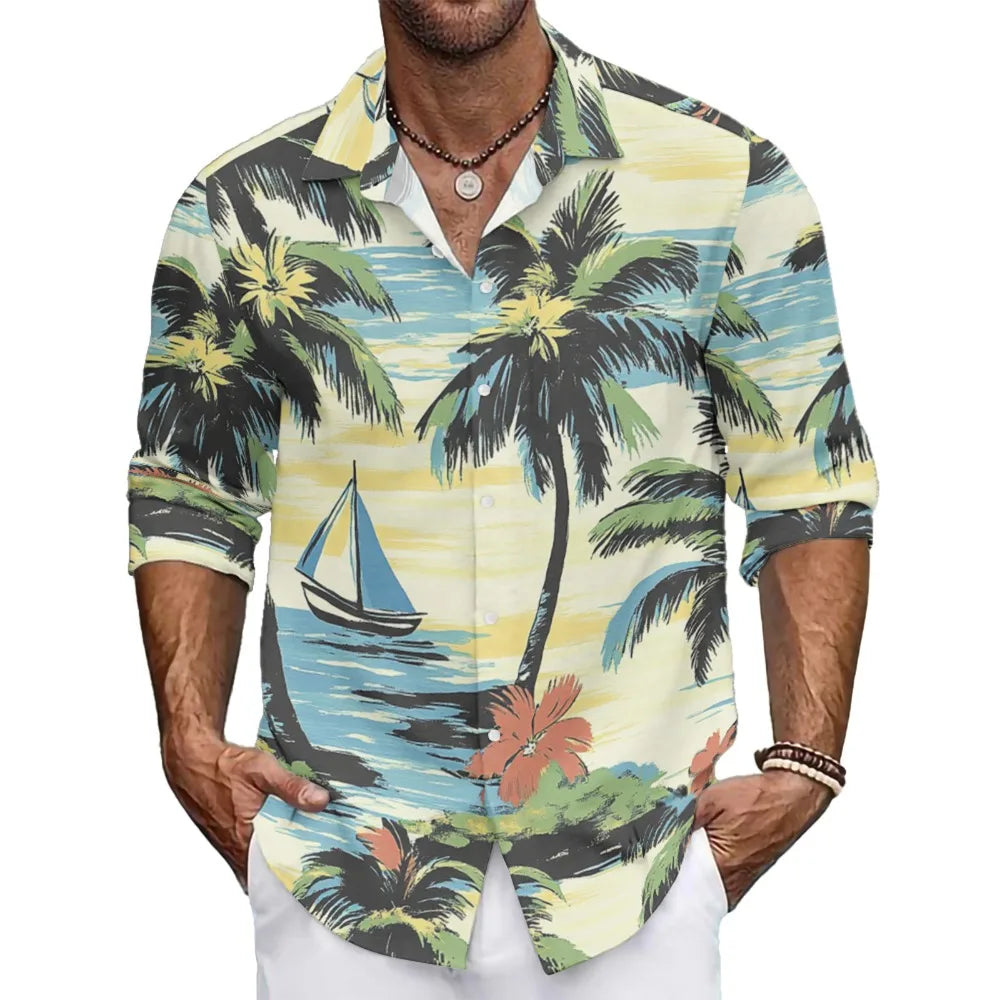 Hawaiian Button Up Shirts Black White Stripe Palm Tree Printed Full Sleeve Streetwear Casual Men Summer Vacay Beach Parties