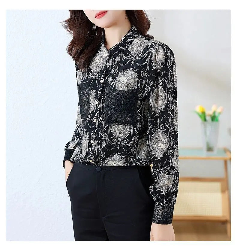 Shirts for Women in Spring Autumn New Style Printed Satin Stylish Slim Fashion Commuting Simple