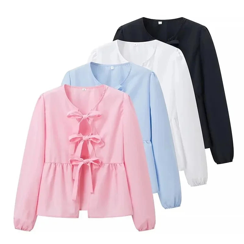 HH Shirts For Women Elegant Front Bow Tie Solid Blouse Puff Sleeve Spring Summer Casual Beach Vacation Streetwear Party Top