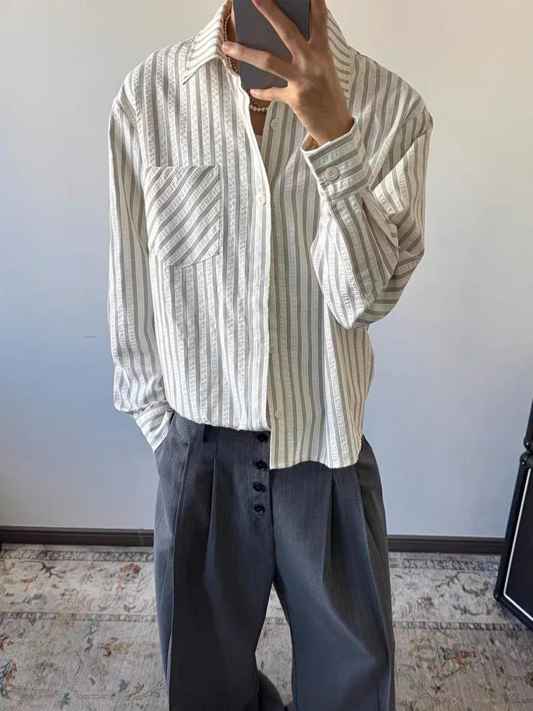 Striped Shirt Men's Spring and Autumn High-end Right Shoulder Long-sleeved Shirt Cleanfit Sun Protection Jacket