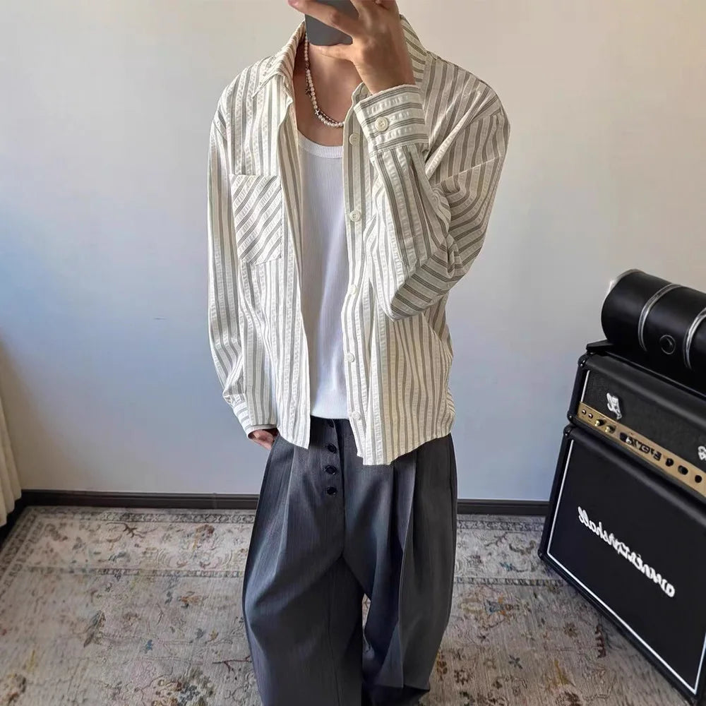 Striped Shirt Men's Spring and Autumn High-end Right Shoulder Long-sleeved Shirt Cleanfit Sun Protection Jacket